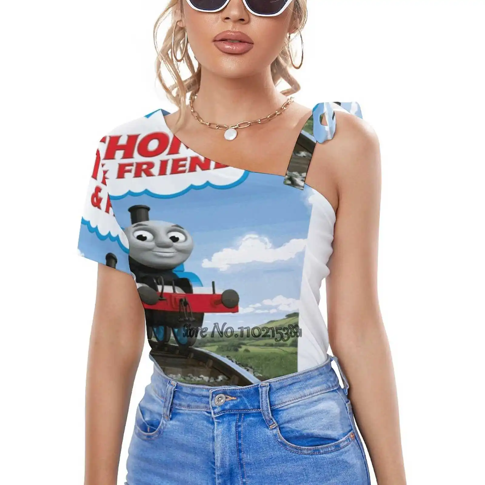 Thomas The Tank Engine Fashion Print Magliette Una Spalla Allacciatura T-Shirt Donna Donna Ragazze Top E Tees Thomas Tank Thomas The