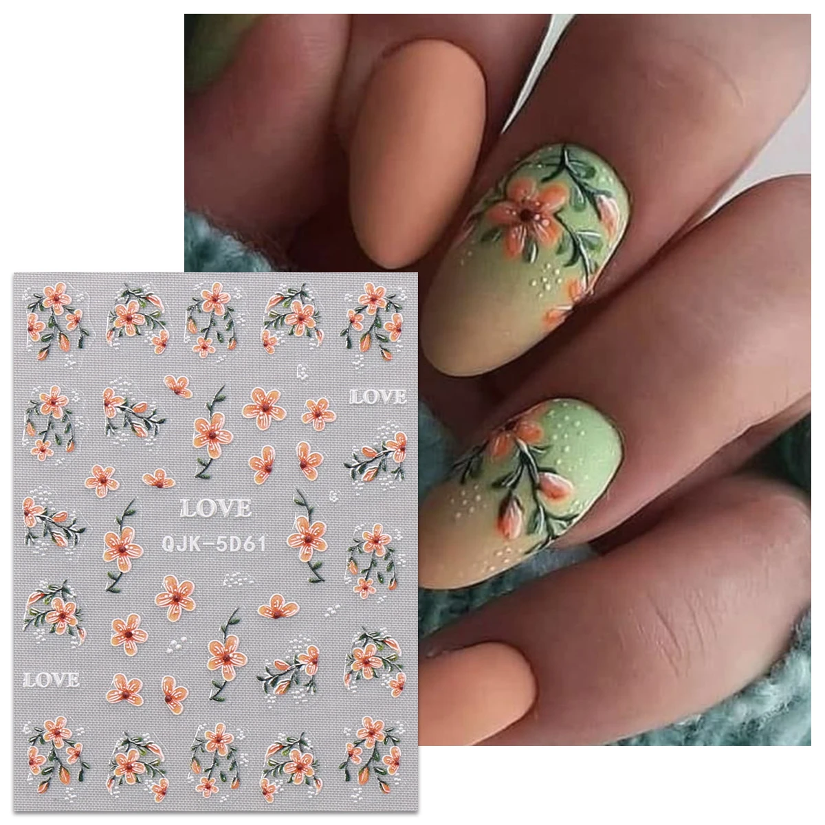 3개입 핑크 퍼플 오렌지 5D 엠보싱 플로럴 네일 스티커 - 봄 신선한 꽃밭 & LOVE 레터 네일 데칼 - 봄 다이용