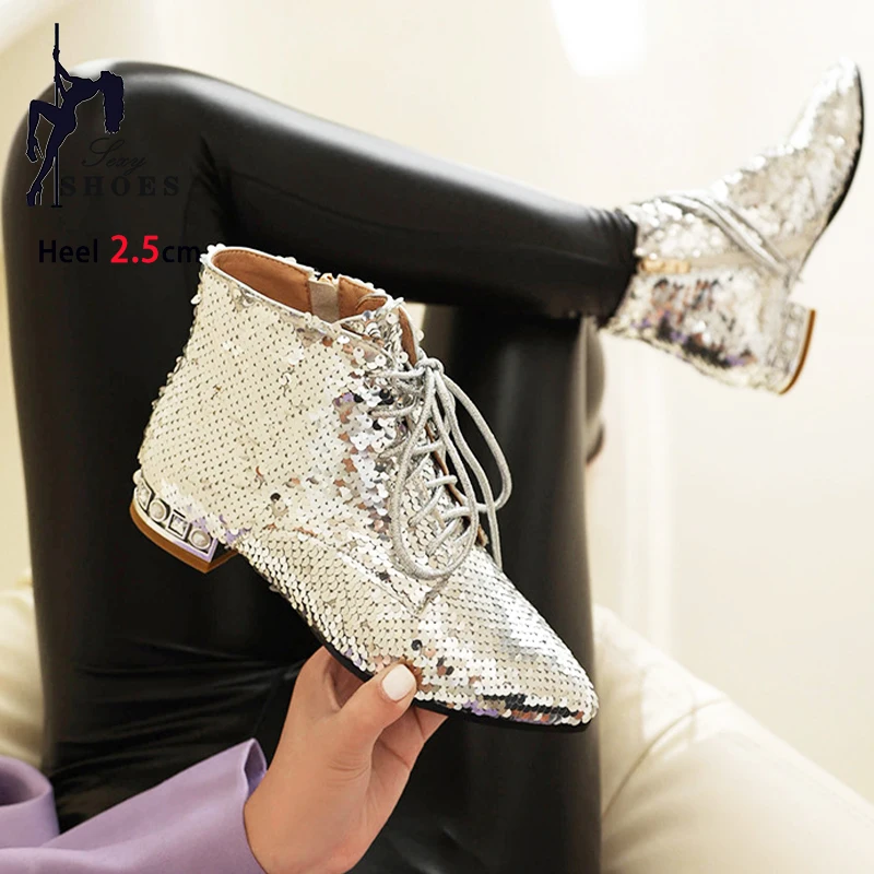 Fashion Sequins Party Shoes 2025 Glitter Dance Boots Women Personalized  Autumn And Winter Chunk Heels Ankle Chelsea Boots Femal