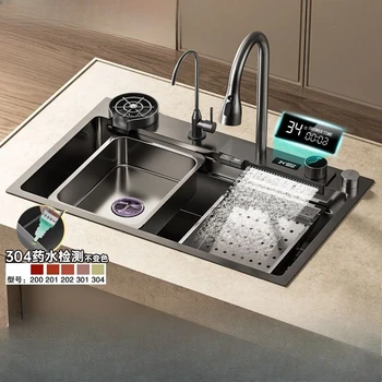 อ่างล้างจานสเตนเลสสตีลนาโน SUS304 แบบน้ำตกพร้อมหน้าจอดิจิตอล อ่างล้างจานเดี่ยวสำหรับครัว อ่างล้างจานในครัวเรือน 1