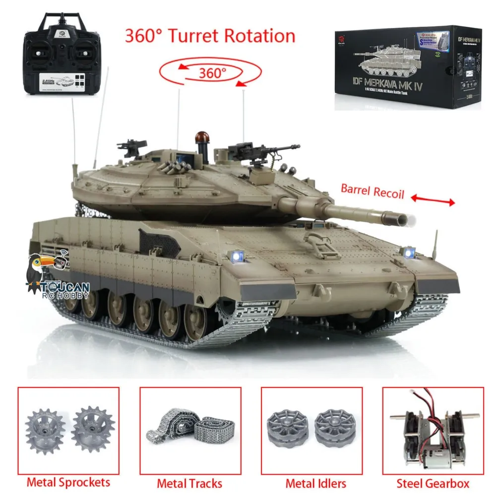 RC 탱크 1/16 헨롱 업그레이드 버전 IDF 메르카바 MK IV 3958 360 °   포탑 회전 배럴 반동 금속 트랙 모델 TH22647