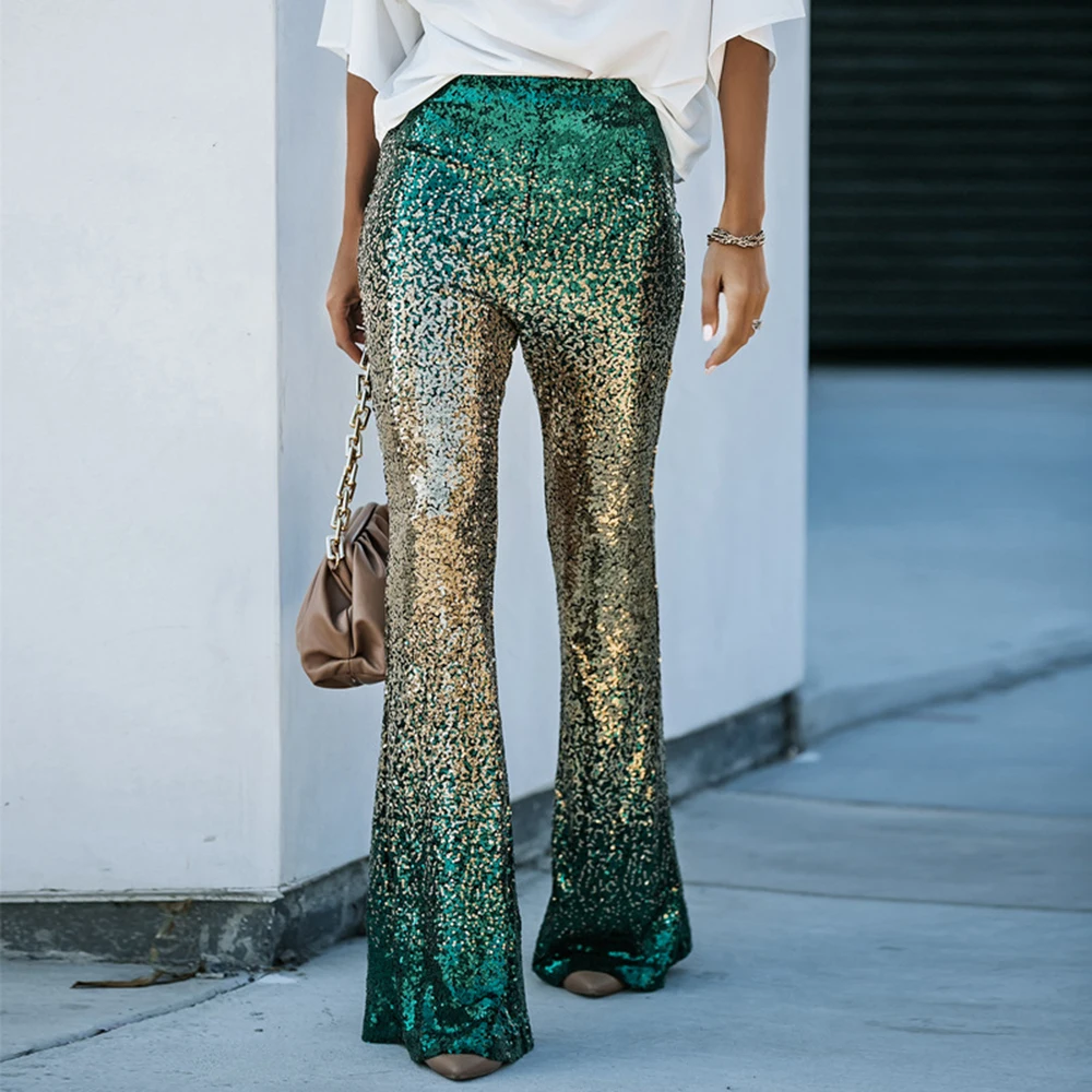 2023 Spring Summer Clothing Sparkly Gradient Sequin Flare Trousers Party Clubwear High Waisted Glitter Pants For Women spring new fashion sweet trousers splicing beads sequin gauze mink fur jeans elegant thickening elastic straight pants women