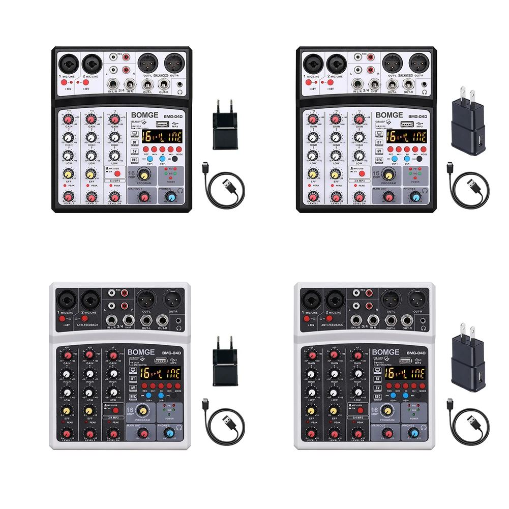 4 Channels Audio Sound Mixer Bluetooth-compatible USB Sound Card Mixing Console Input Phantom Monitor for Home Karaoke KTV