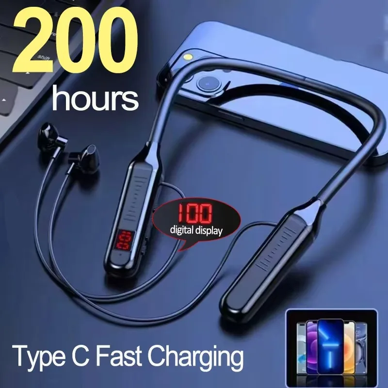 VIKEFON Wireless Earphones 5.3 Neckband Headphones Gaming LED Display Stereo Sports Headset Halter Waterproof Magnetic Earbuds 1