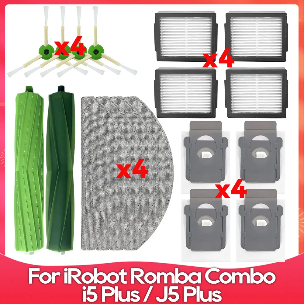 Kit 14 Pezzi Ricambio Per IRobot Roomba Combo I5, I5+, J5, J5+: 2 Spazzole A Rullo, 6 Filtri HEPA, 6 Spazzole Laterali - 3