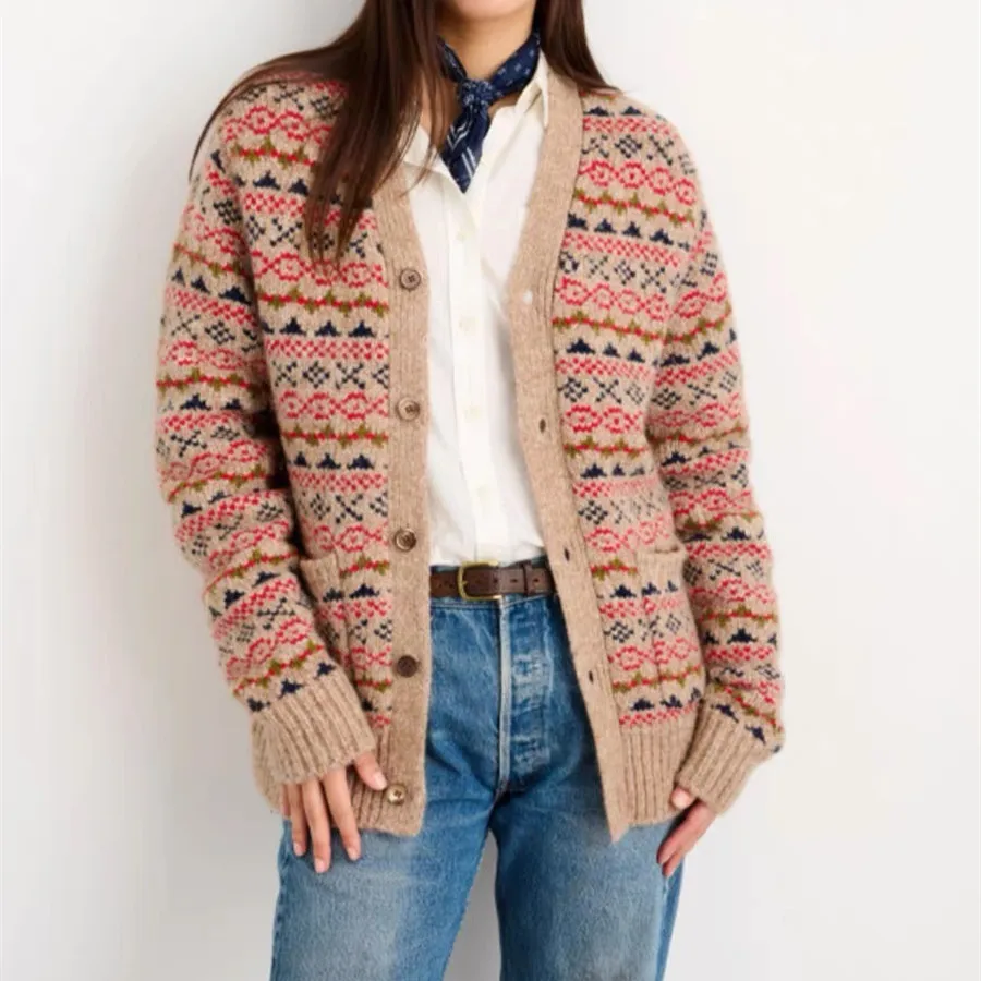 

Women Sweater Red Striped V-Neck Long Sleeve Knitted Cardigan