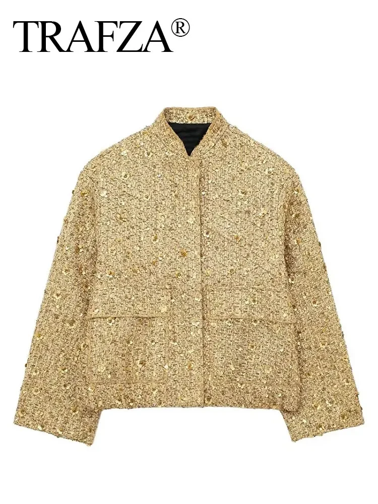 HH Women Fashion Gold Sequin Coat Casual Loose Stand Collar Long Sleeve Jacket Y2k Vintage Autumn Female High Street Outwear