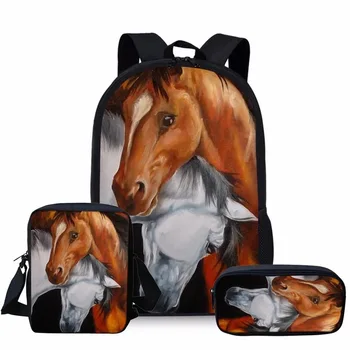 Zaini di lusso per cavalli Borse Stampa 3D 3 pezzi / set Borse da scuola per alunni Zaino per laptop Zaino Borsa a tracolla inclinata Astuccio 1