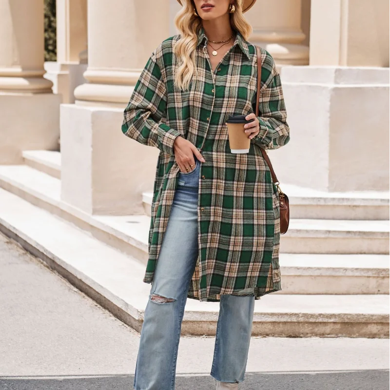 summer oversized women s clothing fashion splice pockets simplicity commuting lace up temperament wide leg straight leg pants Simplicity Versatile Temperament Women's Clothing Autumn Winter New Splice Pockets Button POLO Collar Long Sleeved Plaid Shirt