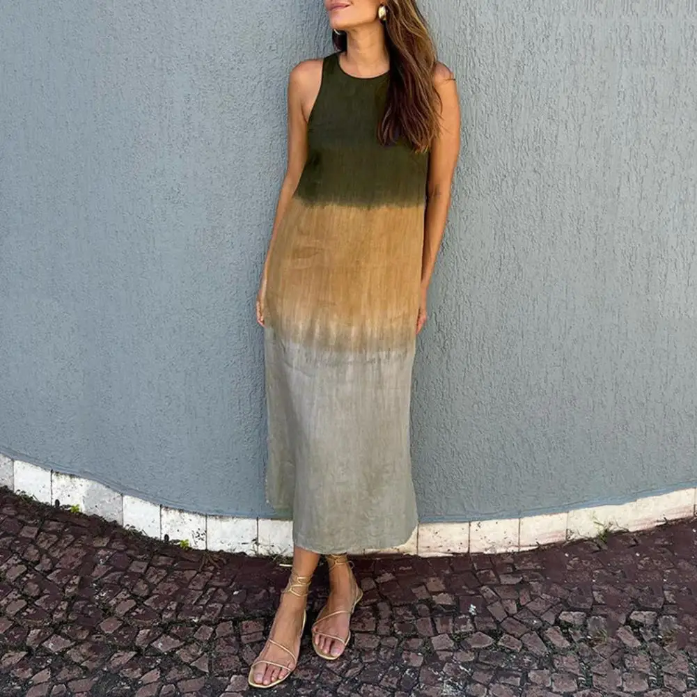 

Dress Elegant Gradient Colorblock Midi Dress for Women O Neck Vest Type Summer Party Dress Stylish Mid-calf Length Beach