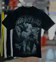 T-shirt rétro pour homme avec imprimé cheval ange, T-shirt gothique, vêtement décontracté de rue, haut noir à manches courtes 2
