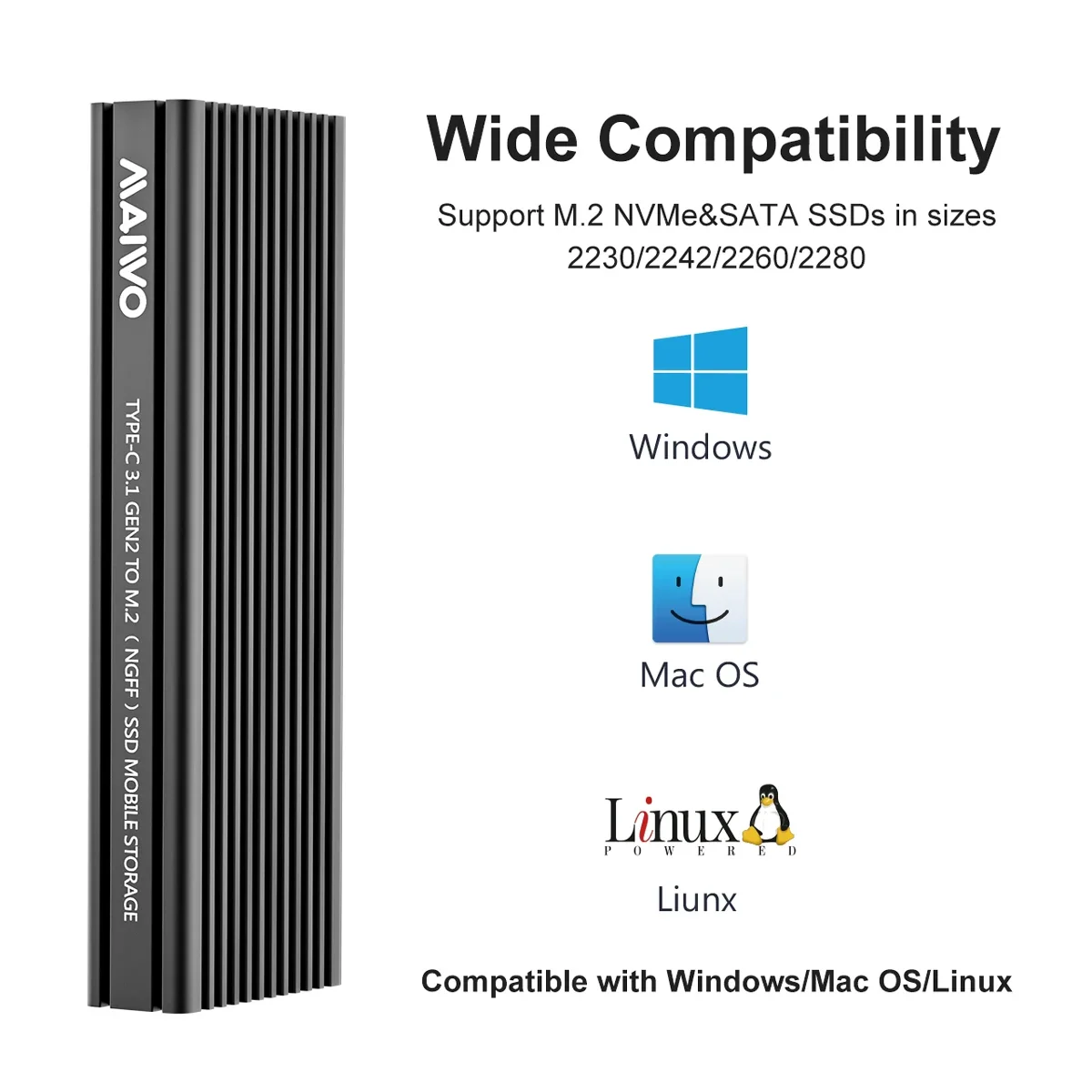MAIWO M.2 SATA  NVMe ޺ SSD Ŭ, ˷̴ 濭 , USB3.2 Gen2 CŸ, ƮϿ UASP 