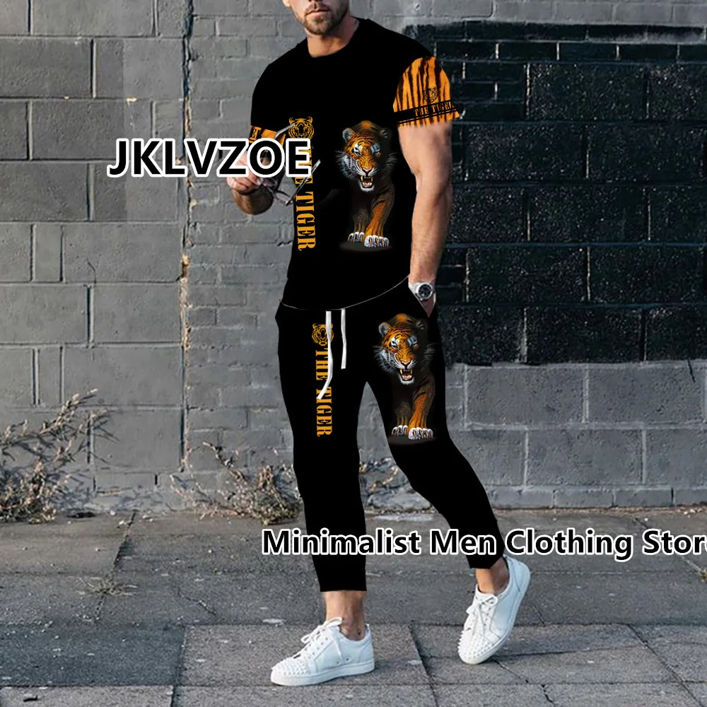 Men's Trousers Tracksuit 2 Piece Set Animal 3D Print Sportswear Summer Streetwear Short Sleeve T Shirt+Long Pants Male Clothing