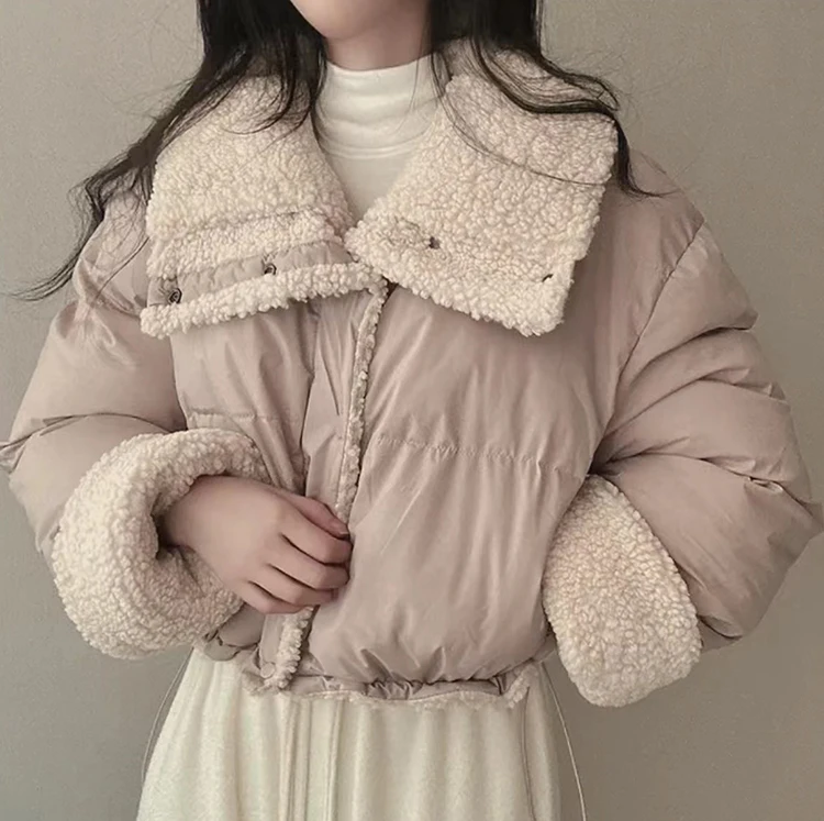 Stand Collar Drawstring Parkas Thicked Outerwears Lambswool Ropa Mujer 2025 Woman Casaco Autumn Winter Single Breasted Jacket