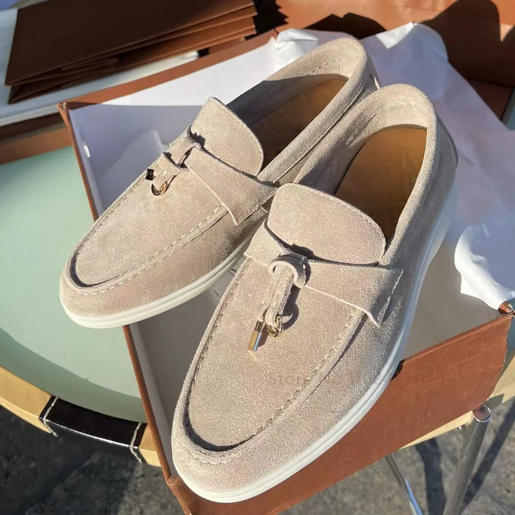 

Real Kid Suede Loafers Lock Decor Women Slip-on Mules Unisex Casual Driving Shoes Soft Leather Daily Shallow Flats Shoes Women