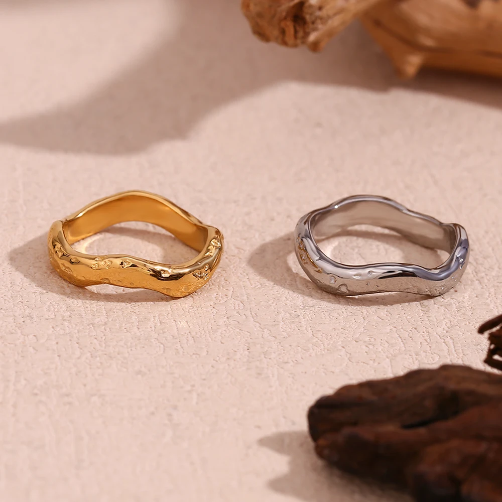 E.B.belle Beat Pattern Wave Plain Ring Waterproof Tarnish Free 18K Gold Plated Women's Rings 316L Stainless Steel Accessories