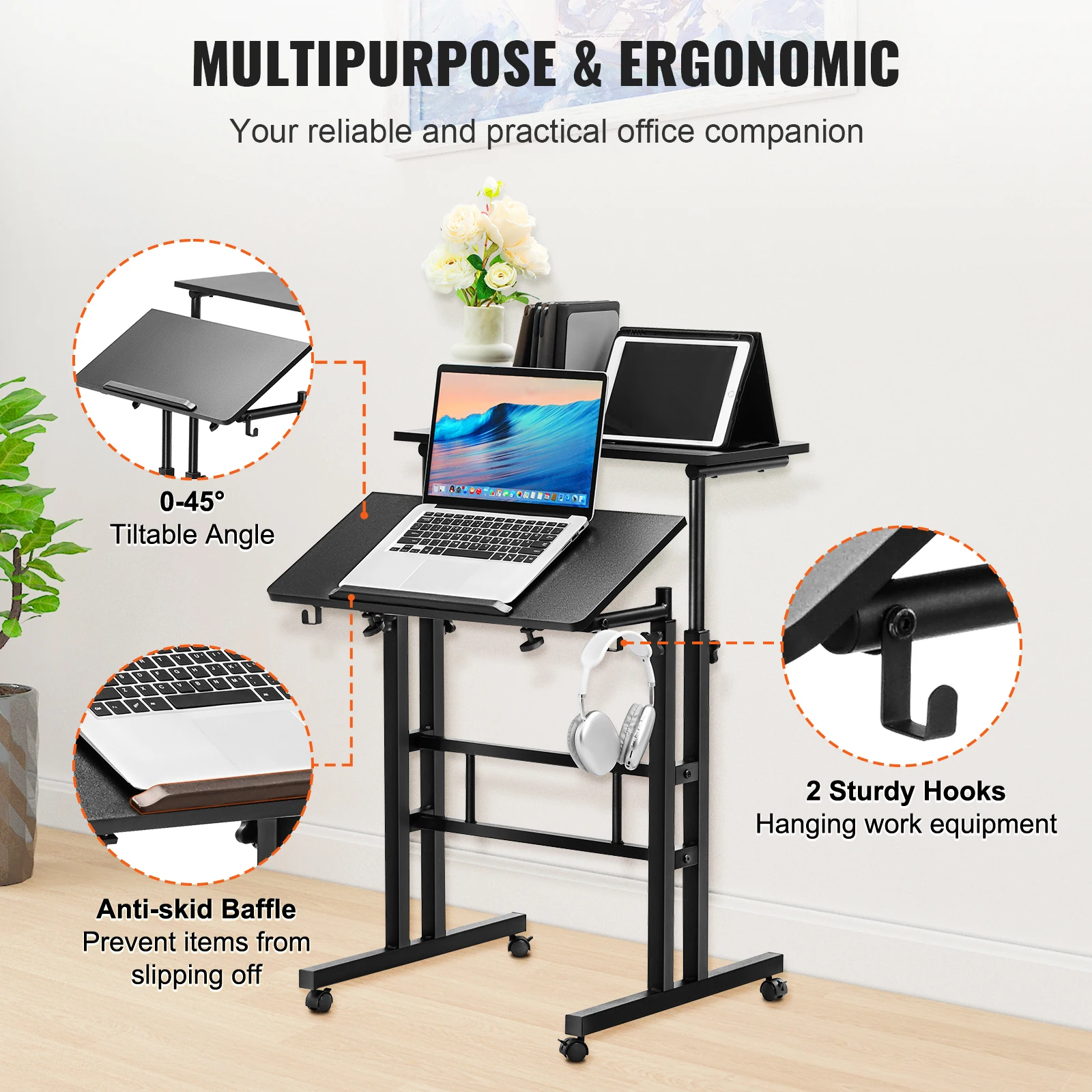 Sit-Stand Desk VEVOR 26.4"-44.9" Gas-Spring Height Adjustable 360&deg; Swivel Wheels Home Office Rolling Laptop Tiltable