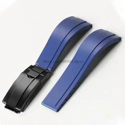 Enhanced Waterproof Silicone Sport Watch Strap with Metal Fold Buckle - 20mm Rubber Wrist Band - 20mm - No logo (Blue - black)