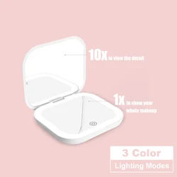 Compact Folding LED - Lit Portable Pocket Makeup Mirror with 2X Magnification (10X - White)
