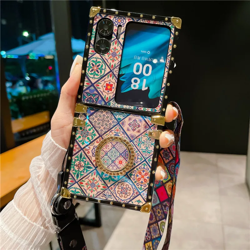 Fashion Blu-Ray Stile Etnico Bing Glittle Holder Stand Custodia Per Telefono Per Oppo Find N2 Flip Case Cinturino Lungo Per Cordino Trova N2Flip Case