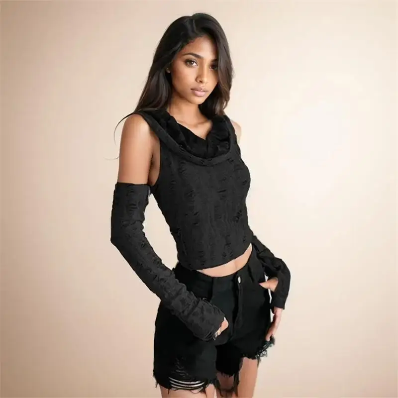 Sexy Hole Oversleeve Crop Top Women Aesthetic Black T-shirts Y2K Retro Hooded Tops Streetwear Punk Tee Shirt Summer 1 Sexy Hole Oversleeve Crop Top Women Aesthetic Black T-shirts Y2K Retro Hooded Tops Streetwear Punk Tee Shirt Summer