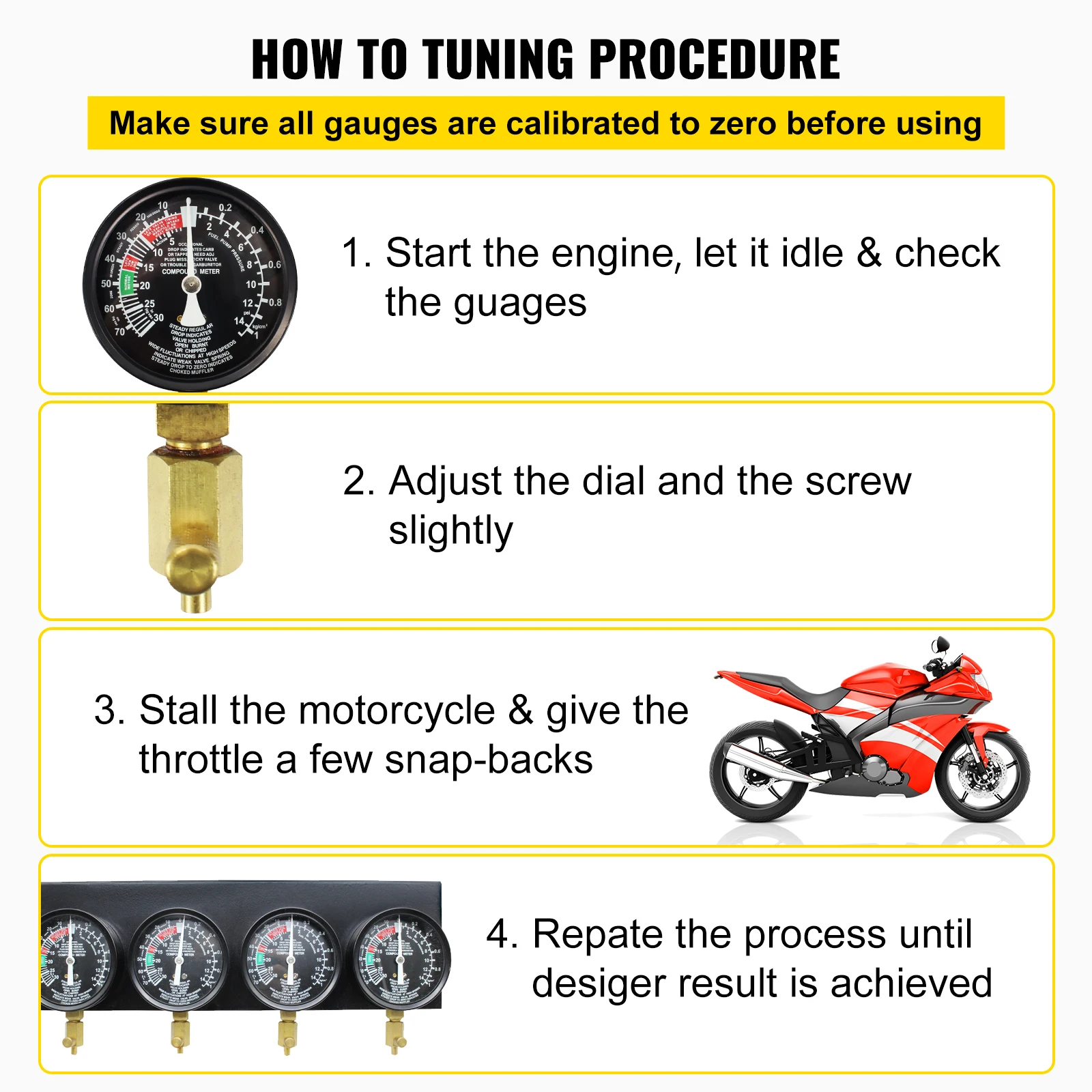 4-Gauge Motorcycle Carburetor Synchronizer Vacuum Balancer Kit 6