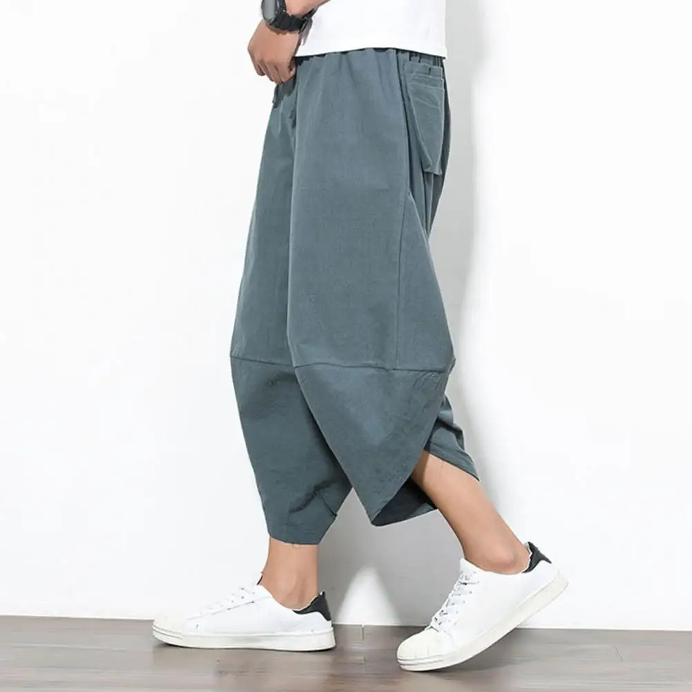 

Daily Cropped Trousers Japanese Style Mid-calf Harem Trousers with Deep Crotch Multi Pockets for Casual Daily Wear Men's Loose