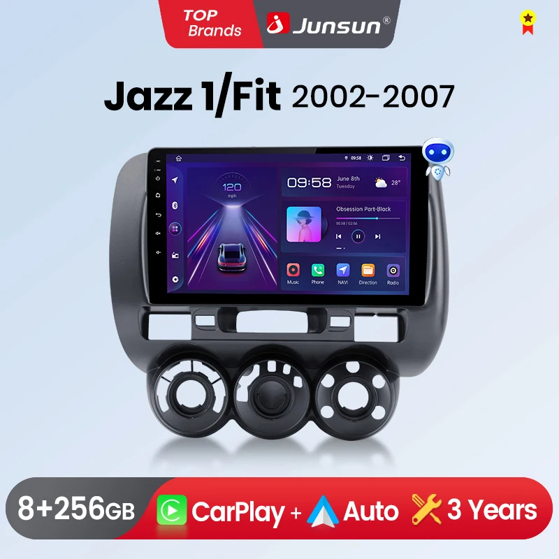 Junsun Bezprzewodowe Radio Samochodowe CarPlay Android Auto do Honda Fit Jazz City DIN Stereo Multimedialne z Wbudowanym Wentylatorem Chłodzącym Nawigacja GPS Sterowanie Kierownicą Bluetooth FM RDS DSP Ekran IPS Inteligentne Systemy Samochodowe 4G WiFi 8-rdzeniowy Plug&Play Radioodtwarzacz