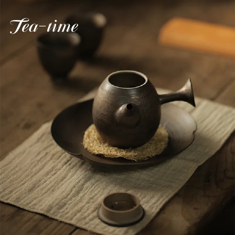 

200ML Japanese-style Coarse Pottery Teapot Handmade Rust-glazed Crockery Pot Retro Gilt Side Pot Kung Fu Tea Set Tea Single Pot