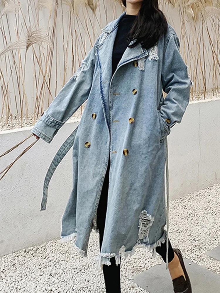 

Fitaylor New Spring Autumn Women High Street Lapel Double Breasted Long Denim Trench Lady Fashion Holes Lace-up Jacket Coat