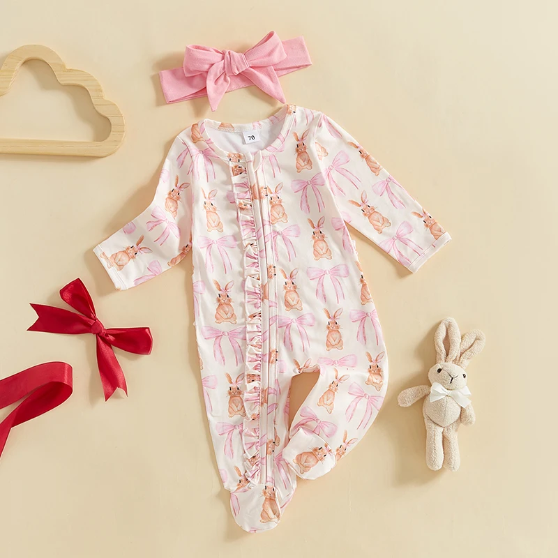 Baby Girl Footie Bodysuits Bunny Bow Print Ruffled Zip Up Long Sleeve Fall Romper Headband Easter Outfits