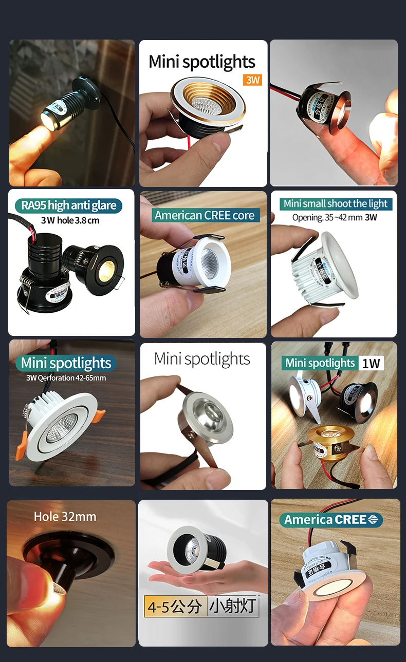 Description Picture 2 of itemRecessed mini Spotlight 【42mm-65mm hole】1w 3w LED ceiling light 110 volt 220V indoor embedded small downlight with driver set