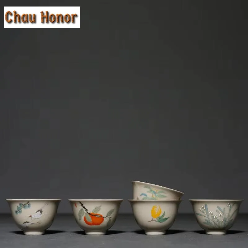 2pcs /set Plant Gray Persimmon Small Tea Cup Kung Fu Tea Set Household Tea Cup Ceramic Single Cup Tea Ceremony Accessories 45ml