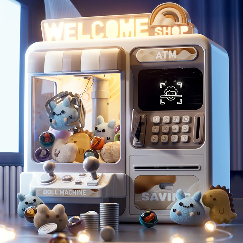 2 in 1 Piggy Bank Doll Machine Coin Operated Game Big Size Dolls Claw Machine Catch Doll Crane Toy Children Birthday Xmas Gifts