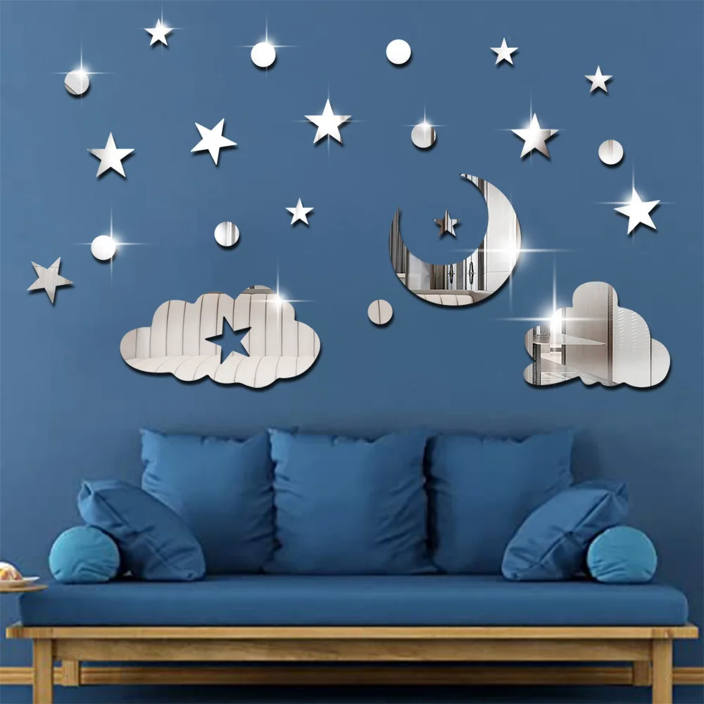 Stars moon clouds mirror 3d three-dimensional decoration wall paste bedroom wall room self-adhesive mirror stickers