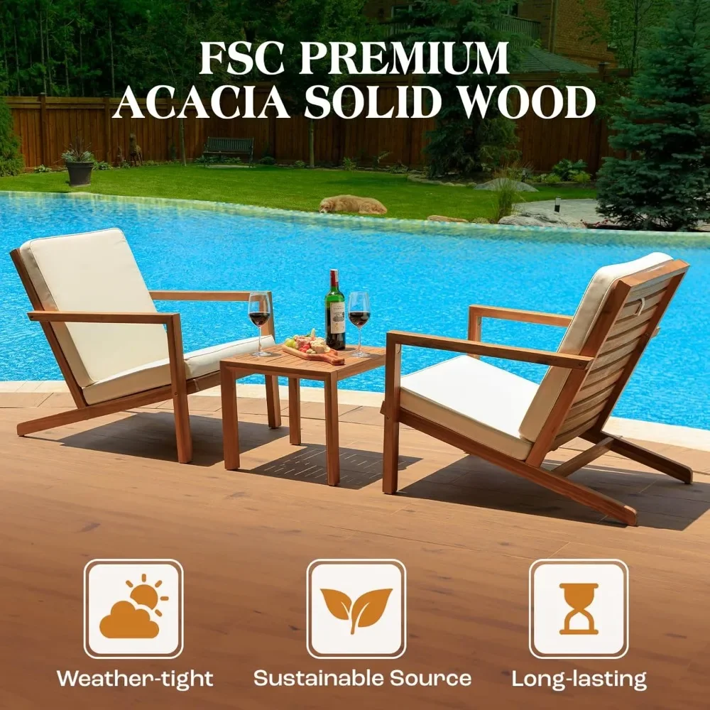 NEW-Natural 3-Piece Patio Bistro Sets with Foldable 400lbs Weight Chairs, a 220lbs Shelf Table, Made from FSC-Certified Acacia W