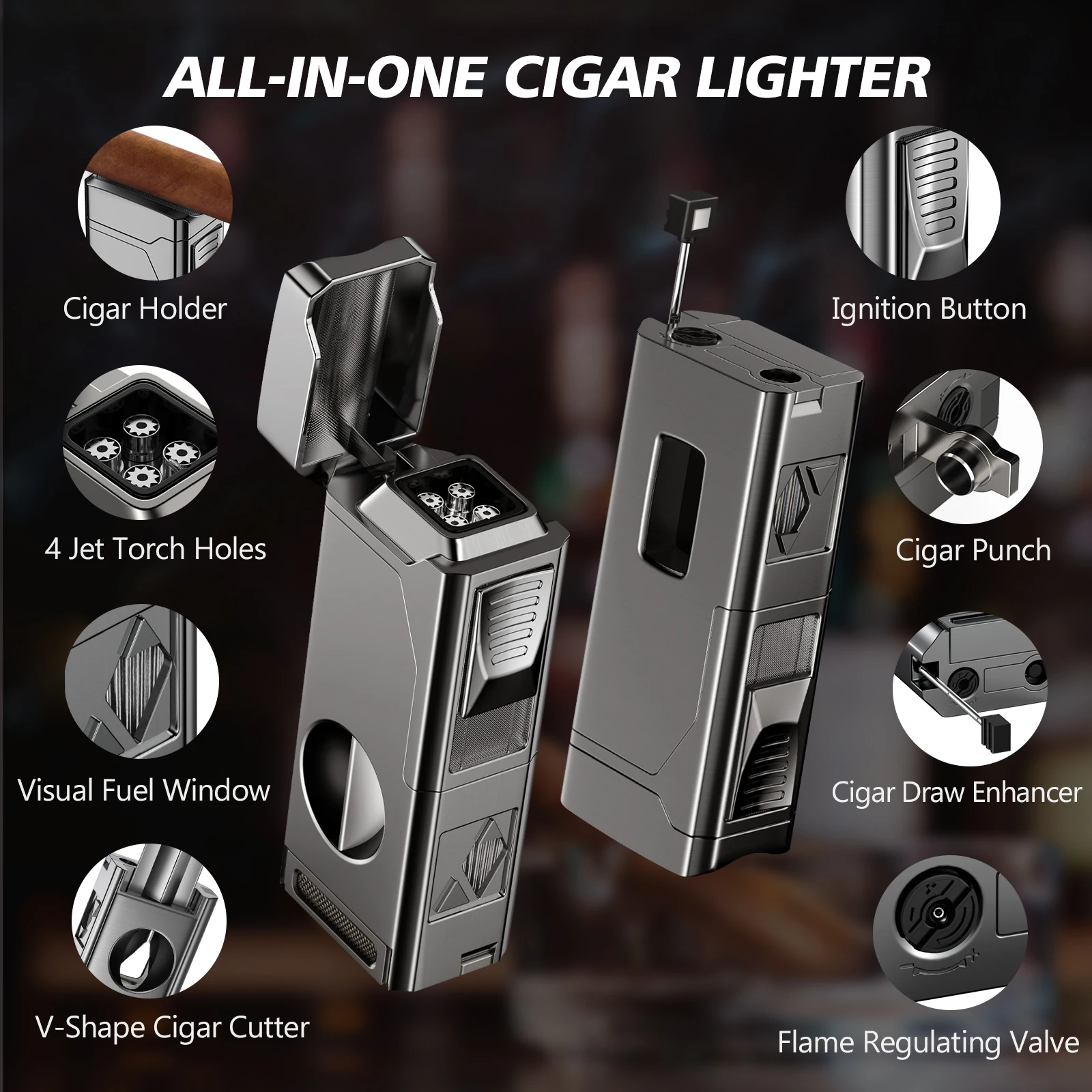 Cigar Lighter 4 Jet Flame Cigar Lighters with Cigar Cutter Cigar Accessories Cigar Draw Enhancer Windproof Refillable Butane 2
