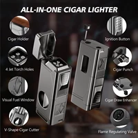 Cigar Lighter 4 Jet Flame Cigar Lighters with Cigar Cutter Cigar Accessories Cigar Draw Enhancer Windproof Refillable Butane 2