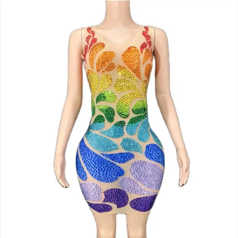 

Sleeveless Mesh Transparent Short Bodycon Dress Sexy Sparkly Multicolor Rhinestones Women Birthday Celebrate Prom Dance Dress