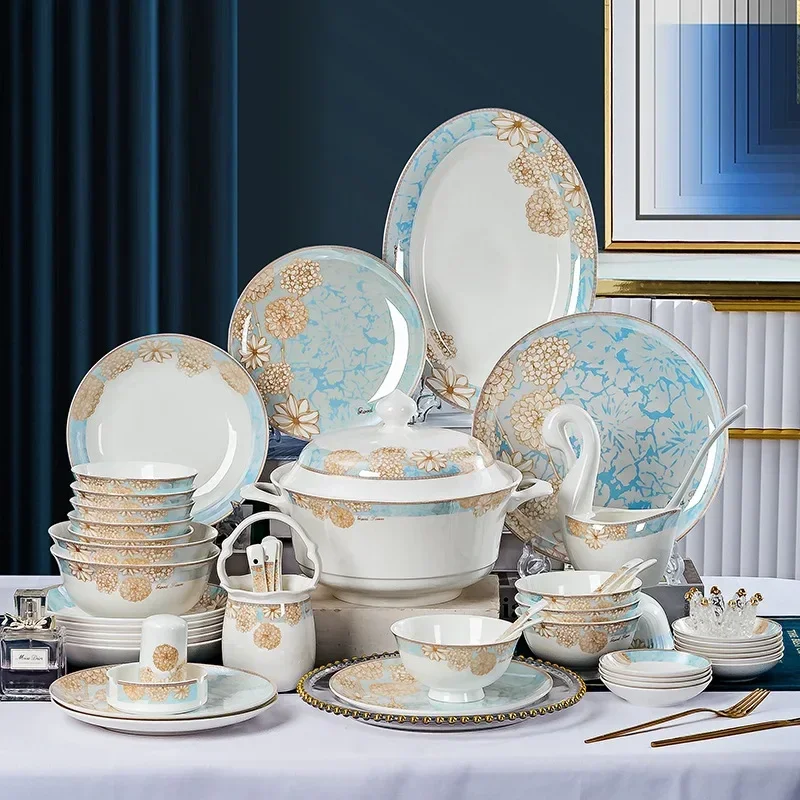 Bone china tableware set, full set of tableware and chopsticks combination for household use