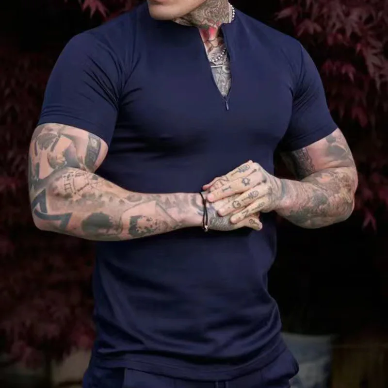 

Men's Casual Short Sleeved T-Shirt With Retro Zipper British Style Slim Fit Pullover Mature Temperament Men's Clothing Top