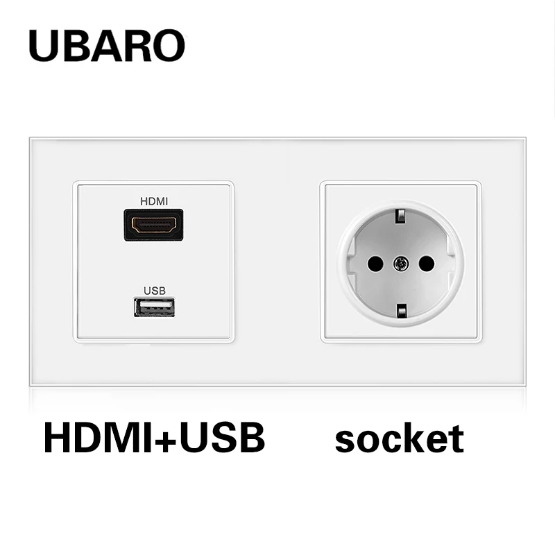 

UBARO EU Russia Tempered Glass Panel Plugs RJ45 RJ11 TV HDMI Wall Socket With USB DIY Part Power Outlet 172*86mm White Black