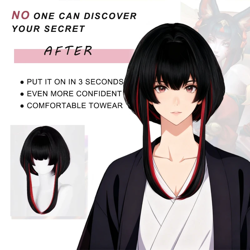 LUPU LOL Spirit Blossom Springs Ahri Cosplay Wig 25cm Black Red Wig Heat Resistant Synthetic Wig for Halloween Carnival Party