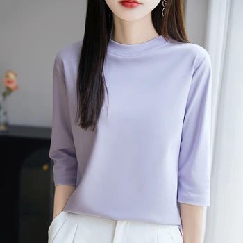 Spring And Summer New Semi-High Neck Mercerized Cotton Cropped Sleeve T-shirt Female Plus Size 100% Cotton Bottoming Coat 1