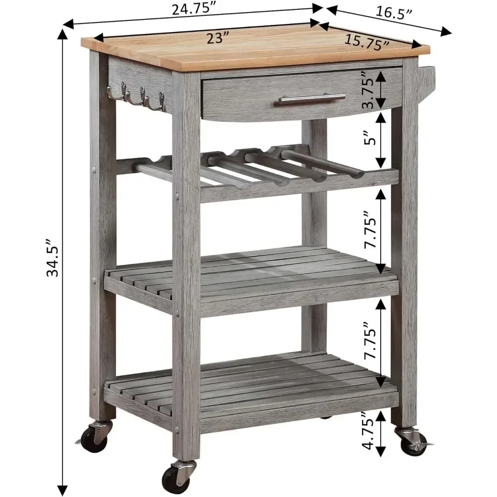 4 Tier Butcher Block Kitchen Cart with Drawer and Wine Rack
