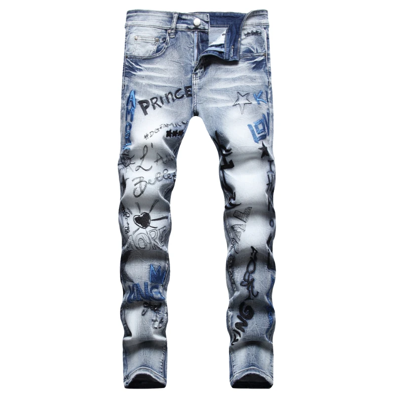 Denim Jeans Men Light Blue Embroidery Luxury Slim Fit Pants Distressed  Biker Jeans Elastic Garffiti Straight Trousers Hip Hop - Jeans - AliExpress