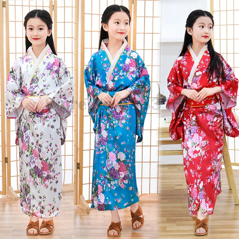 Girls Kids Elegants Japanese Kimono Children Haori Costume Vintage Novelty Cosplay Costume National Print Yukata with Obi Gown