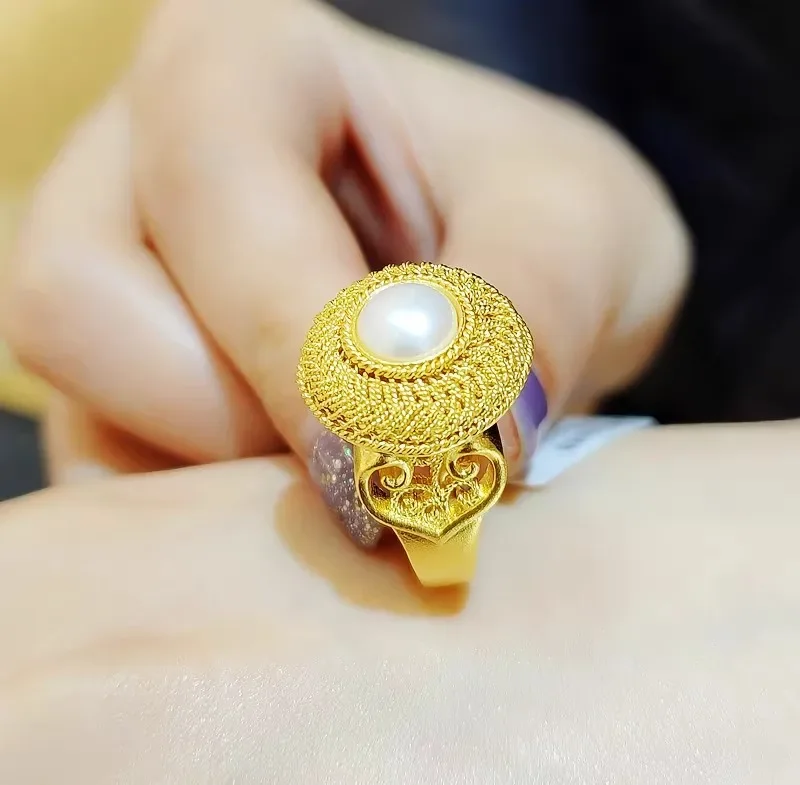 Boutique 24K real gold New Chinese retro silk Pearl Ring au9999 Gold ancient fashion ring index finger ring