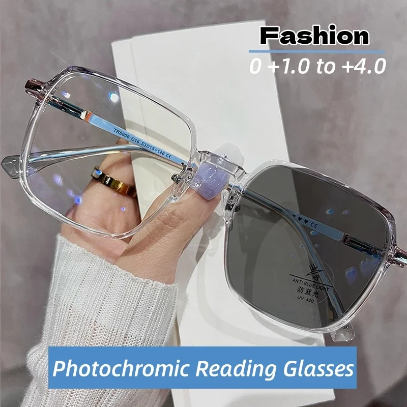 Női Megmunkalás színben Változó napszemüvegek Új stílusú photochromic Olvasmány szemüvegek Előrelátó diopters Szemüveg Orvosi előírás