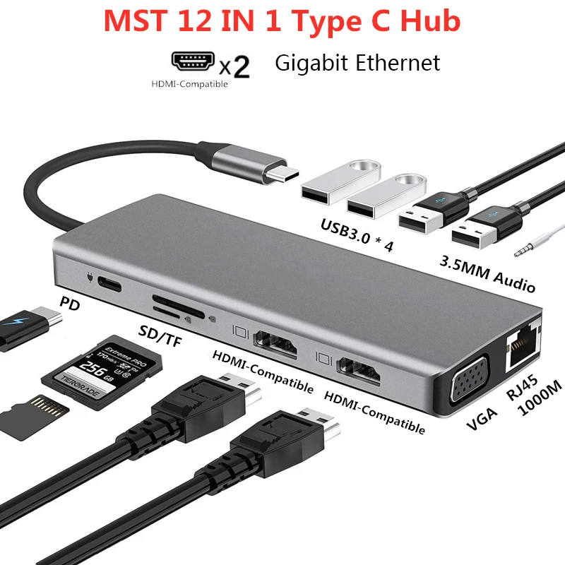 12 In Triple Display Thunderbolt Usb C Hub Dual Hdmi Multiport Adapter  With Vga+ethernet+4 Usb+sd/tf Dock For Dell/lenovon Docking Stations  Usb  Hubs AliExpress